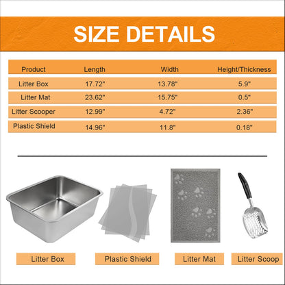 2 Set Stainless Steel Litter Box - 17.7"x13.8"x5.9", High-Sided Shield, Scoops, Mats for Multiple Cats, Easy to Clean