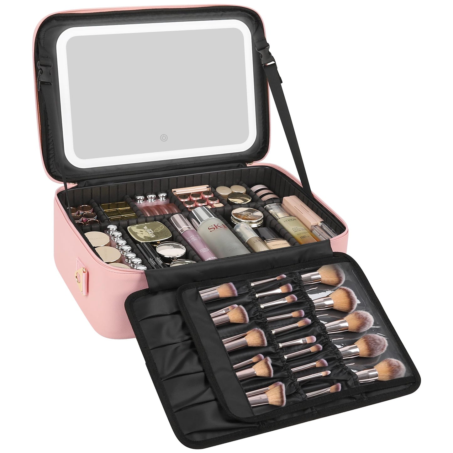 Relavel Travel Makeup Bag With LED Mirror, Cosmetic Train Case with Light up Mirror, Portable Makeup Artist Organizer Bag with Adjustable Dividers, Makeup Brush Holder Storage, Black