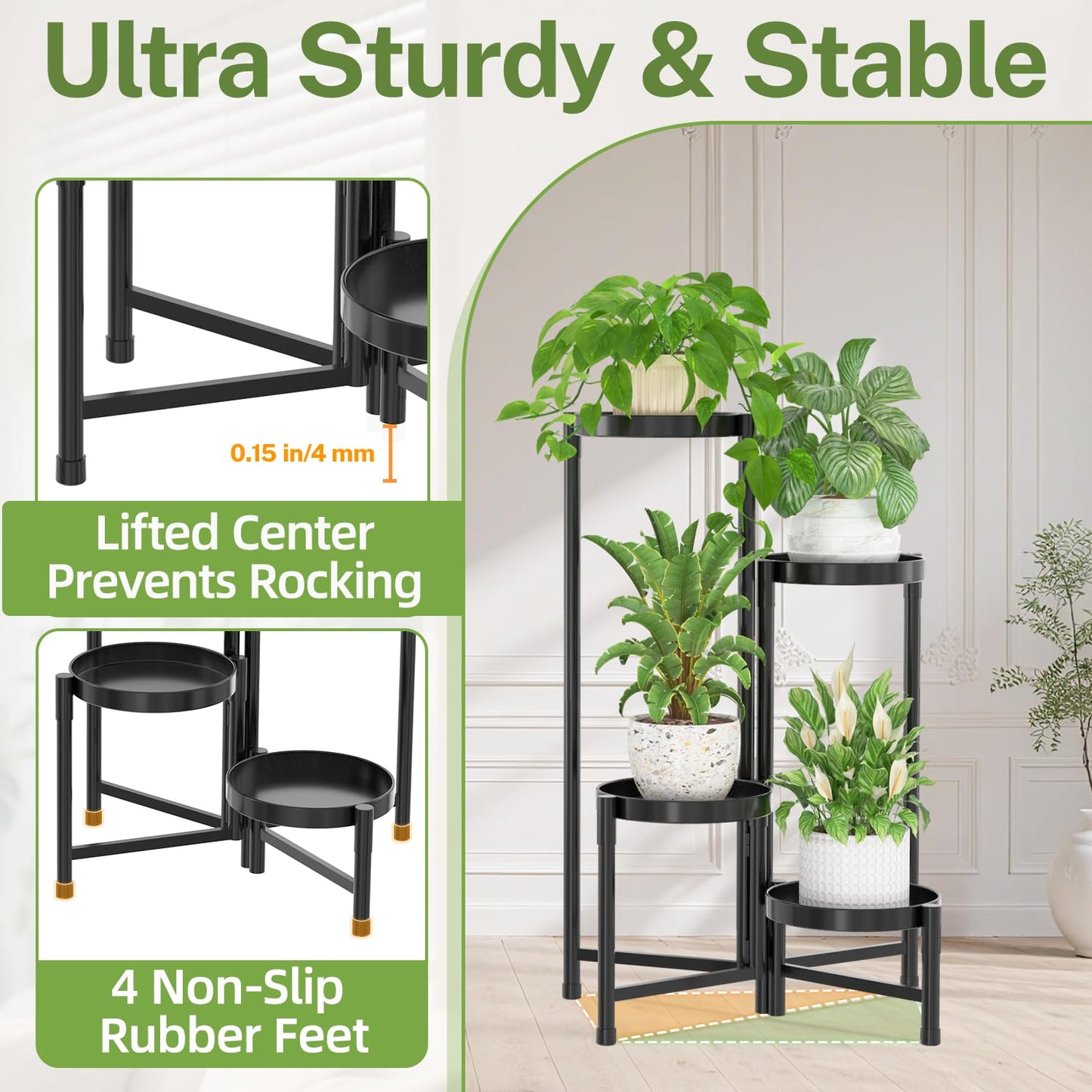 iDavosic.ly Plant Stand Indoor Outdoor, 4 Tier Corner Metal Flower Display Holder Shelf, Folding Tall Orchid Rack for Patio Balcony Porch Garden Living Room House, Black