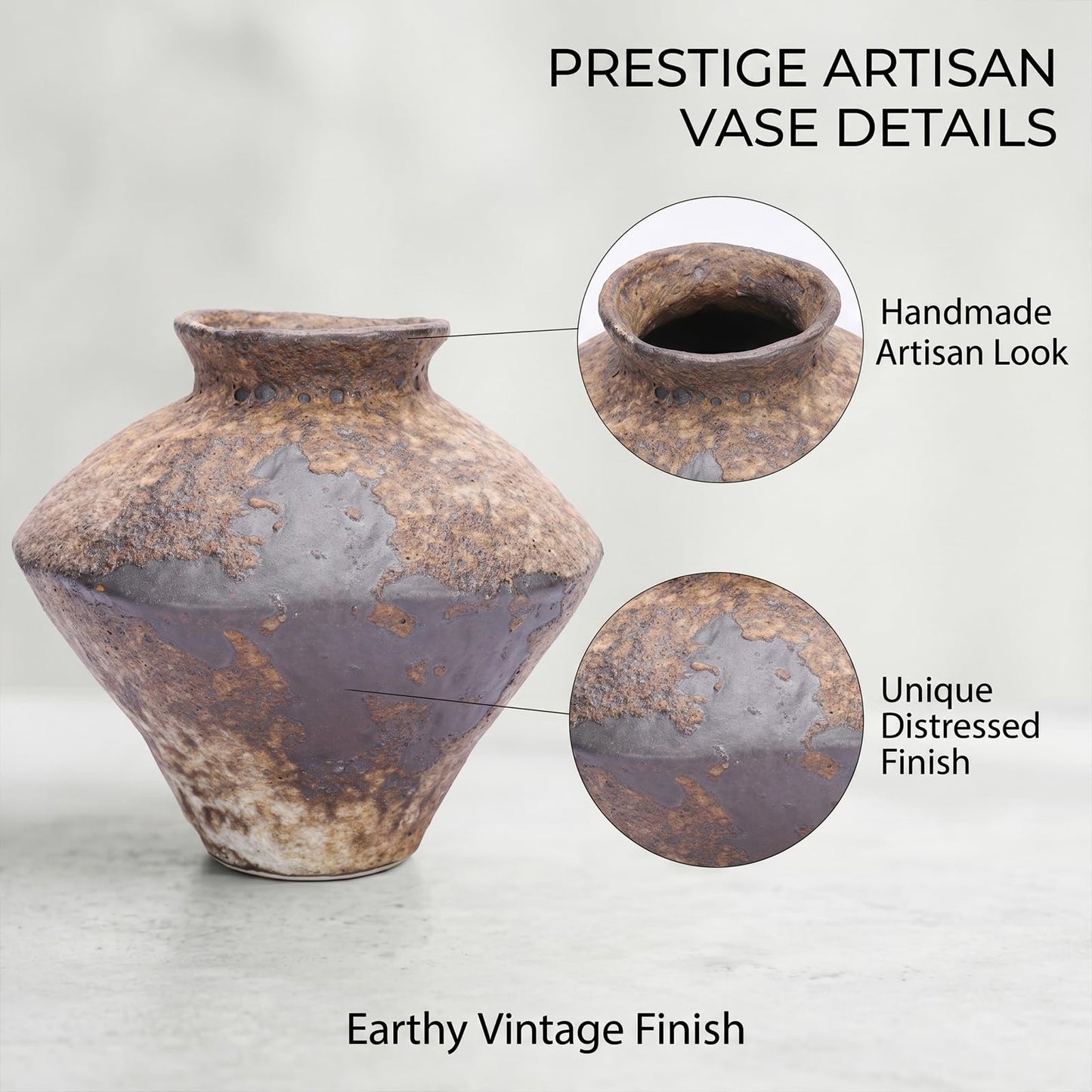Small Stone Vase for Rustic Home Decor, Farmhouse Antique Pottery Vase Furniture&Table Flower Decorative, Round Terracotta Vases for Living Room Decor, Modern Rustic Concrete Clay Art Vases