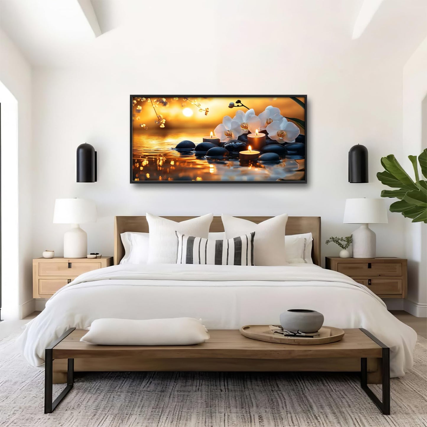 Mecowcm Zen Large Wall Art Candle Spa Stones Framed Wall Decor Orchid Meditation Spiritual Relaxing Canvas Pictures Painting for Yoga Living Room Bedroom Bathroom 30"x60"