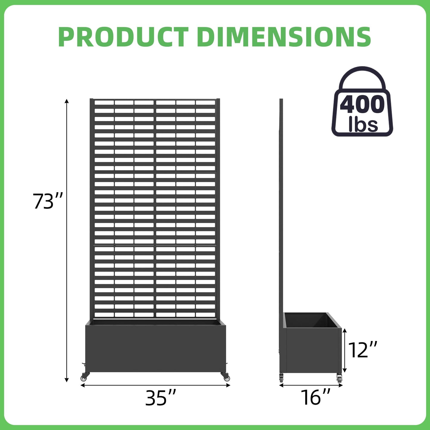 UPHYB Metal Planter Box with Trellis, 73"x 35"x 16" Raised Garden Bed with Wheels and Drainage Holes, Planter with Trellis for Garden, Balcony and Patio, Black Louvered