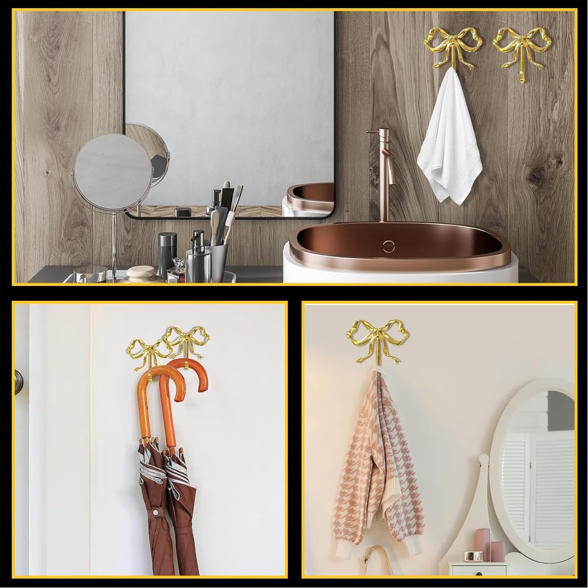 ZMHKJZDQ 2PCS Brass Bow Wall Hooks Gold Bow Wall Hooks Bow Wall Hook for Hallway Kitchen Hang Coats Keys Towels Bags Umbrellas Bathroom Living Room Kitchen Christmas Wall Decor Birthday Gift (Large)