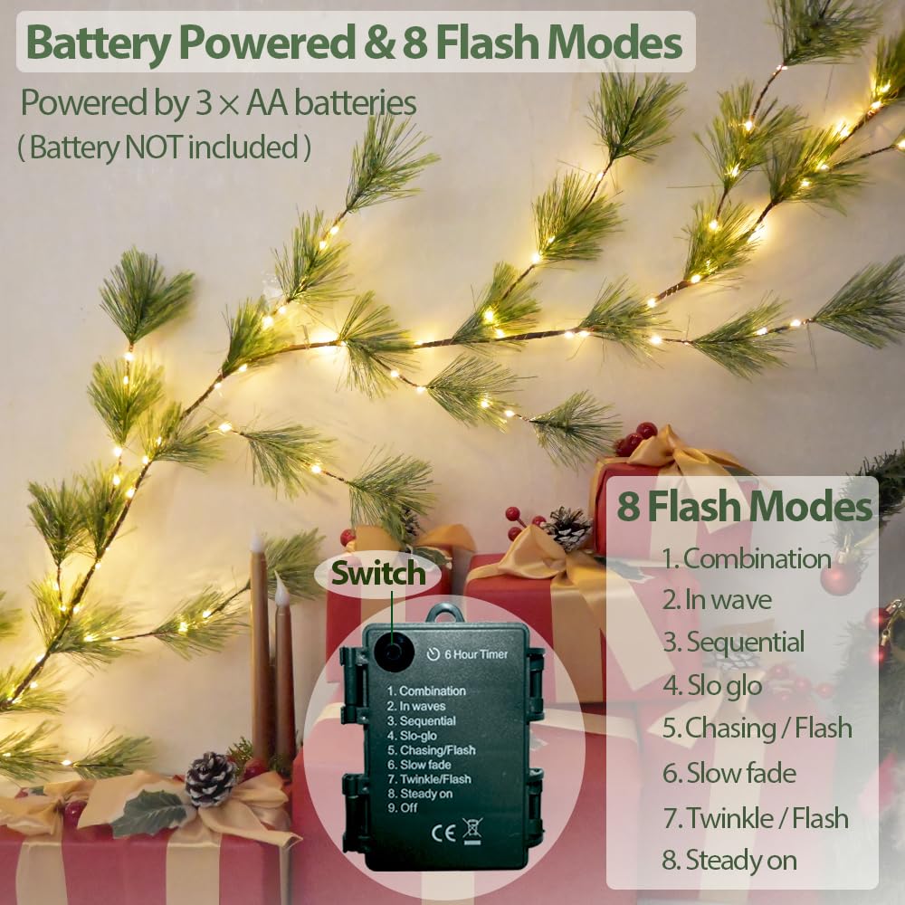2025 New 6.56FT Christmas Pine Garland Lights 96 Warm White LED Lights 8 Flash Modes Battery Operated with Timer Lighted Smoky Pine Garland for Mantle Fireplace Indoor Home Christmas Decoration