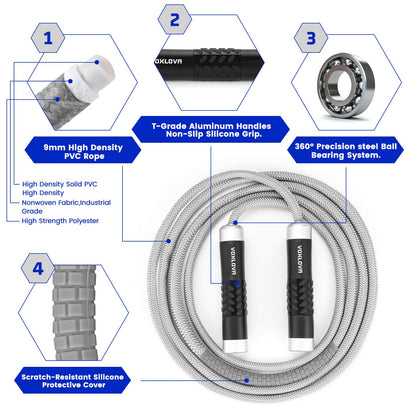 Weighted Jump Rope - Premium Heavy Jump Ropes with Adjustable Extra Thick Cable, Aluminum Silicone Grips Handles, High-Speed Ball Bearings Professional Skipping Rope for Crossfit MMA Cardio & Workouts