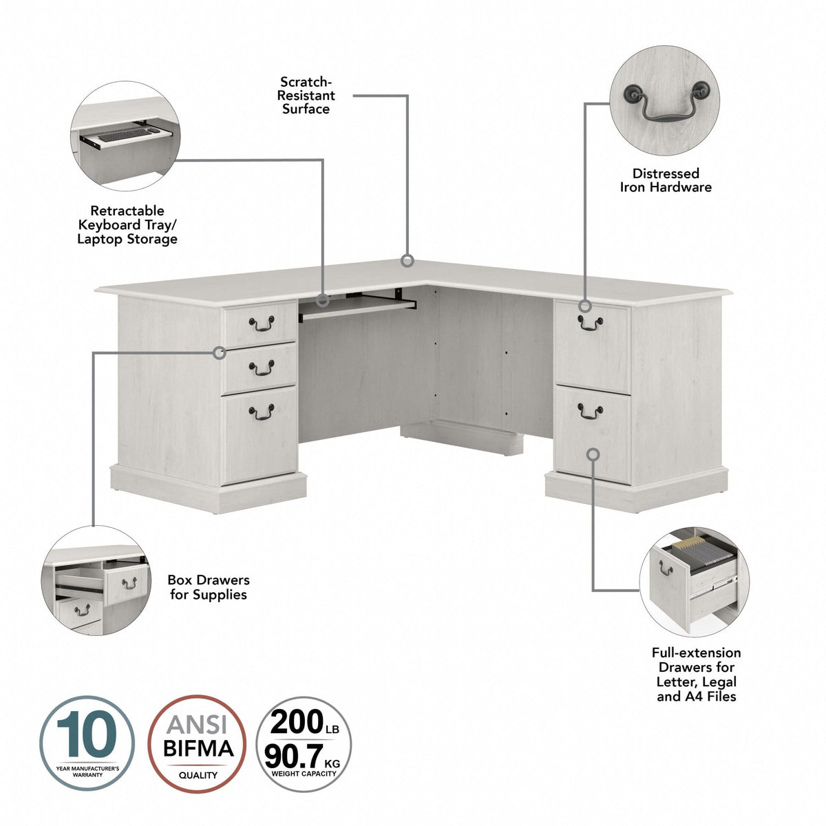 Bush Home Saratoga L Shaped Computer Desk with Drawers and Storage in Linen White Oak | Large Corner Office Table for Workspace