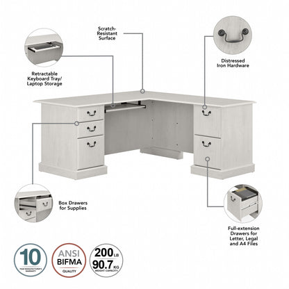 Bush Home Saratoga L Shaped Computer Desk with Drawers and Storage in Linen White Oak | Large Corner Office Table for Workspace