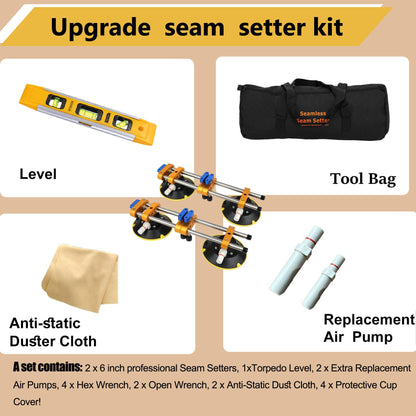 Upgrade 2 Pack Seamless Seam Setter with 6 inch Vacuum Suction Cups, Granite Seam Setter for Countertop Joining & Leveling, Seam Joiner for Stone (With Replacement Air Pump+Tool Bag+Torpedo Level）