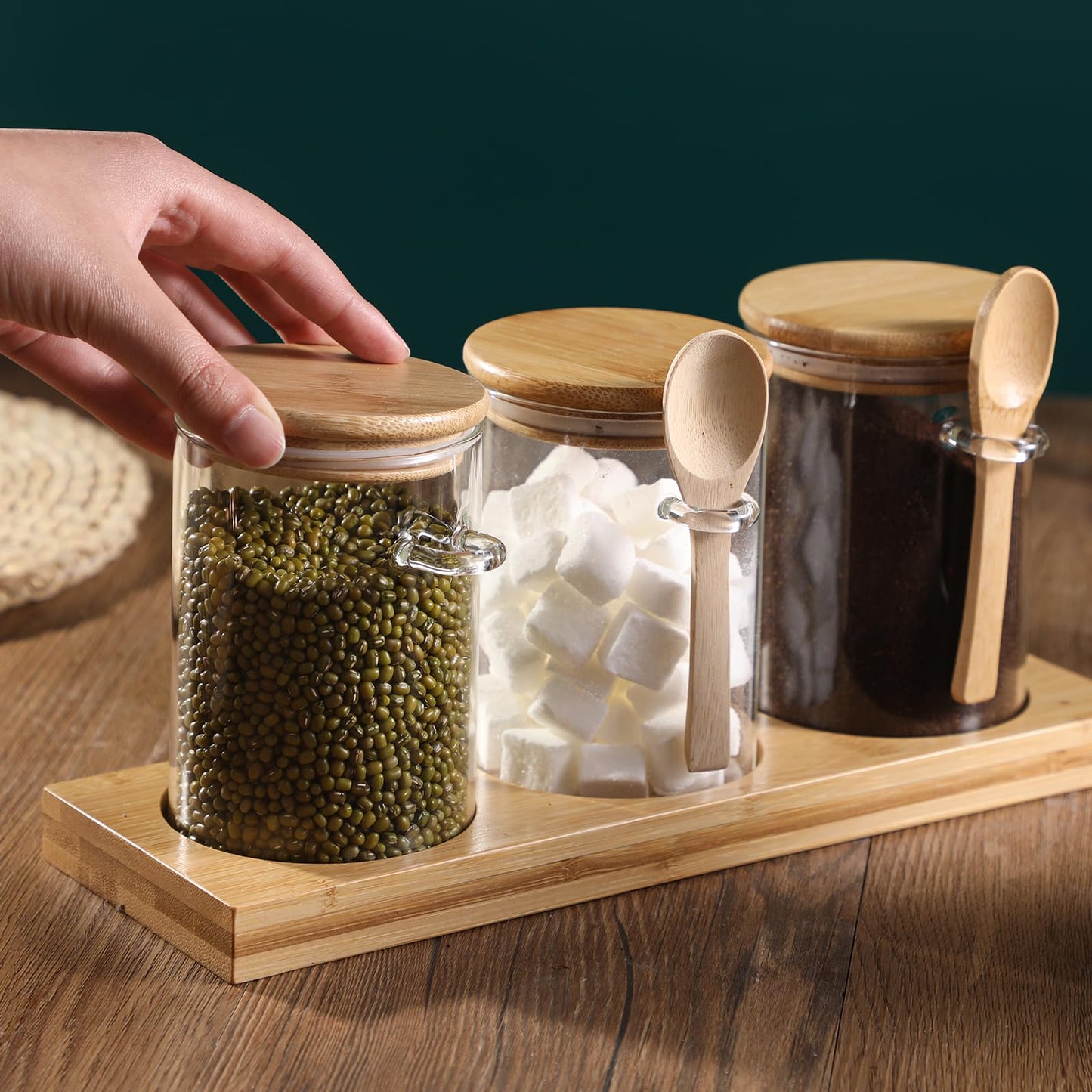 GURUDAR Glass Spice Storage Container with Spoon, 3PCS 20oz Airtight Sealed Condiment Jar with Tray, Kitchen Pantry Seasoning Canister Set for Salt Coffee Sugar Tea & Bathroom Cotton Swab Ball