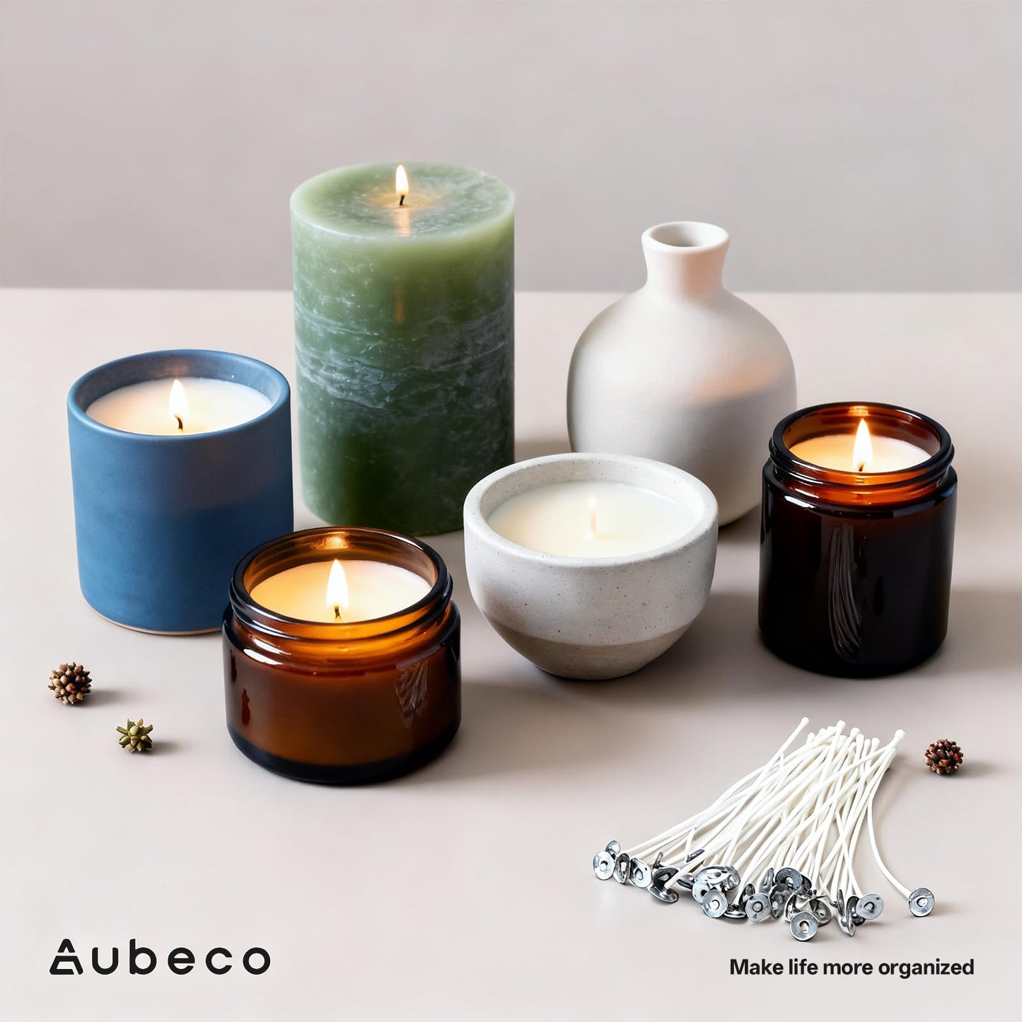 Aubeco 120Pcs Candle Wick, Low Smoke 12 Inch Pre-Waxed Cotton Wick with Tabs, Natural Cotton Core for Candle Making, Soy Candle DIY