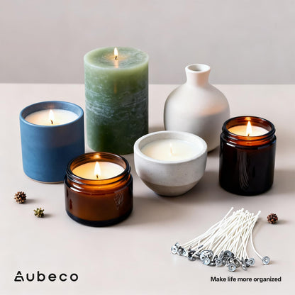 Aubeco 120Pcs Candle Wick, Low Smoke 12 Inch Pre-Waxed Cotton Wick with Tabs, Natural Cotton Core for Candle Making, Soy Candle DIY