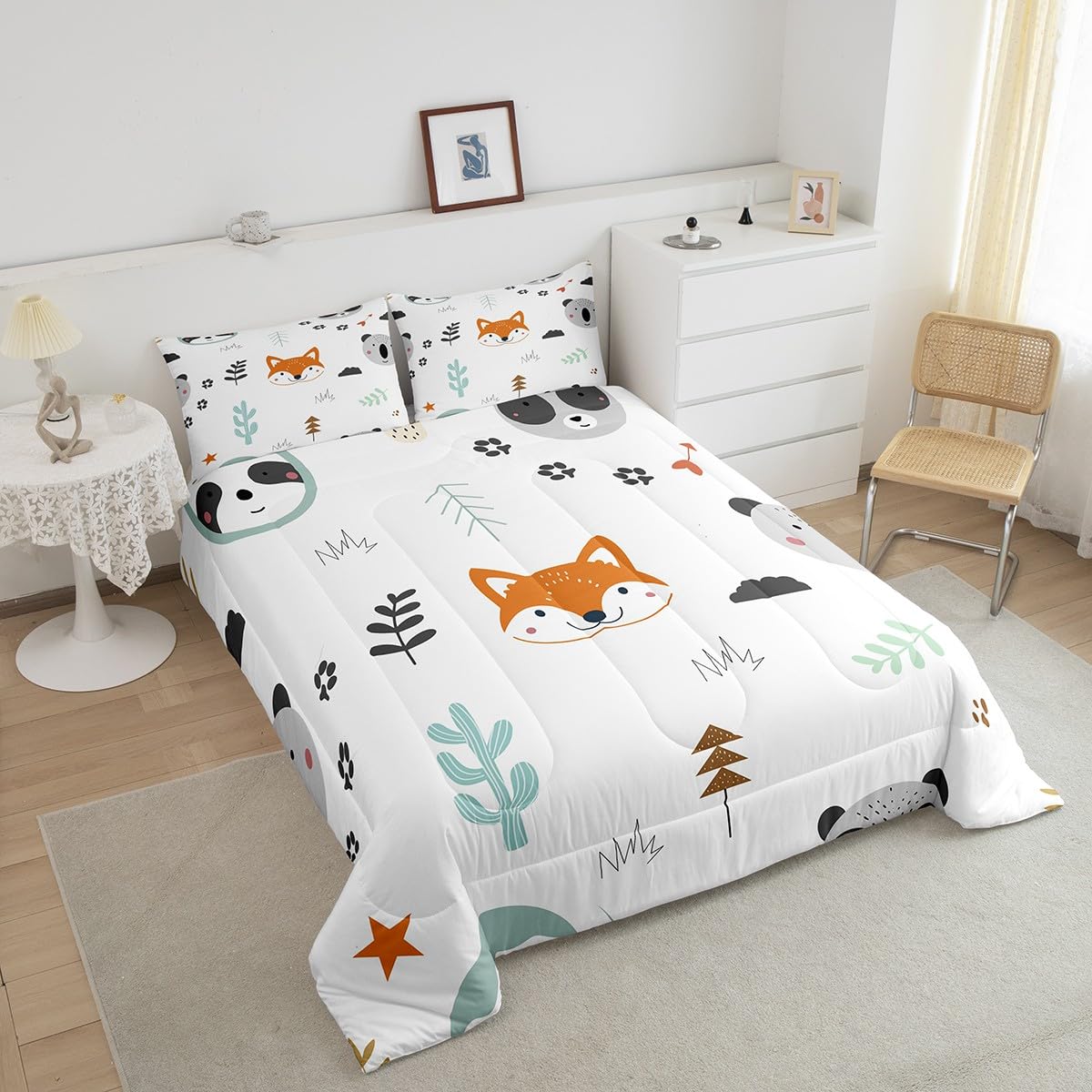 Feelyou Cute Fox Comforter Set King Size Cartoon Animal Bedding Set for Boys Girls Teens Bedroom Decor Zoo Animal Comforter Women Men Wildlife Duvet Set with 2 Pillow Case