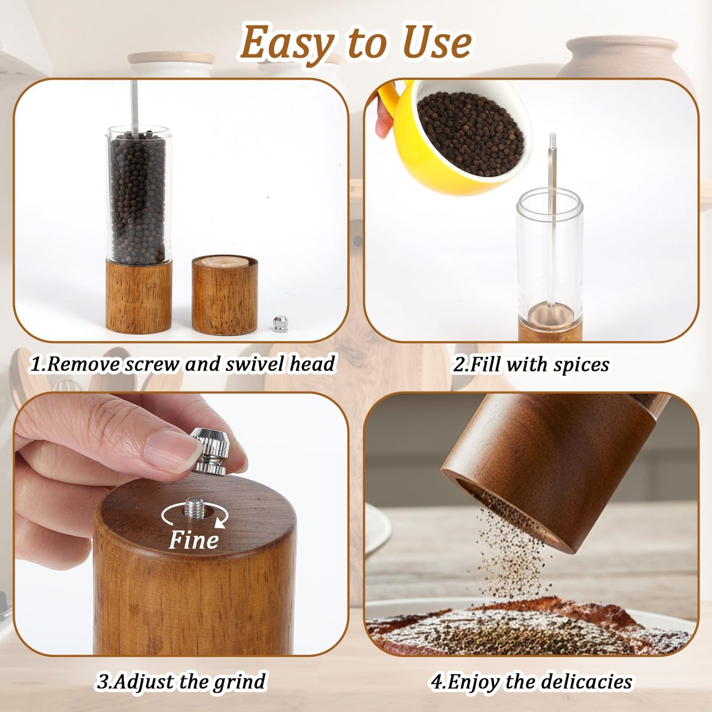 KongTiva 2 Pack 8 Inch Premium Acrylic Salt and Pepper Grinder Set, Manual Salt and Pepper Mills Wooden Shakers with Adjustable Coarseness Ceramic Core