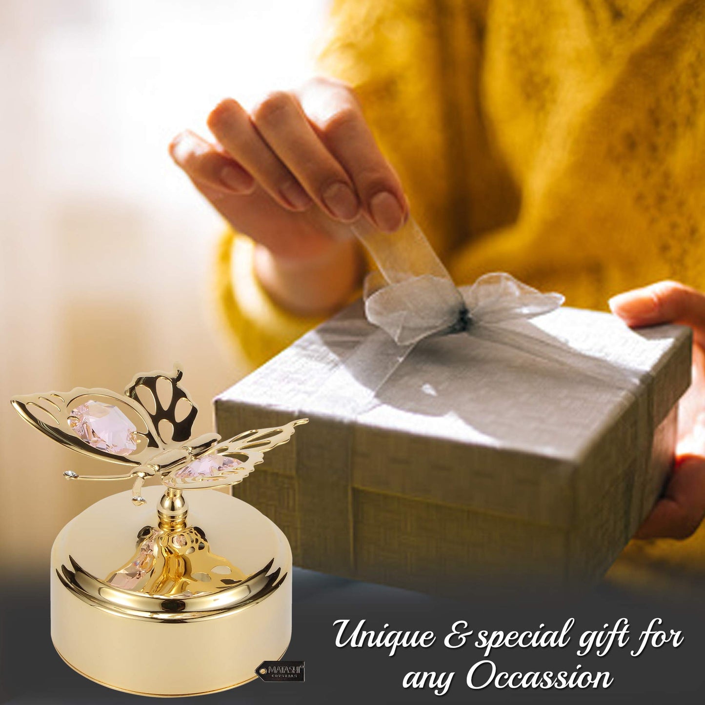 Matashi Christmas Music Box – 24K Gold Plated Butterfly Figurine with Crystals, Plays “Memory” – Elegant Tabletop Showpiece for Christmas, Valentine’s Day, Mother’s Day