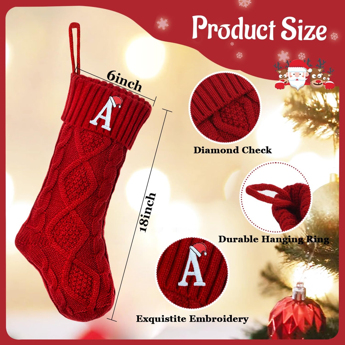 CRSTAFU Initials A Christmas Stockings, 20 Inch Large Family Personalized Monogram Embroidered Red Knitted Xmas Stocking