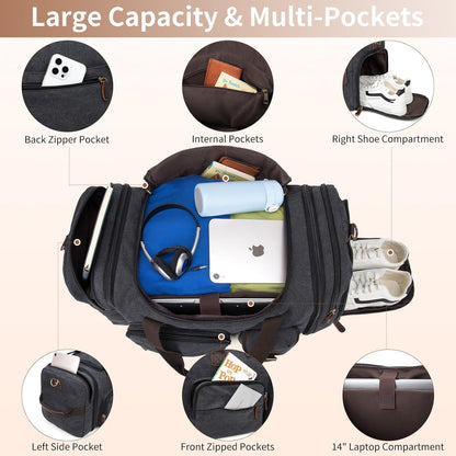 Mens Duffle Bag for Travel 60L Expandable Canvas Weekender Overnight Travel Duffel Bag with Shoe Compartment Carry-On for Airplanes Dark Gray
