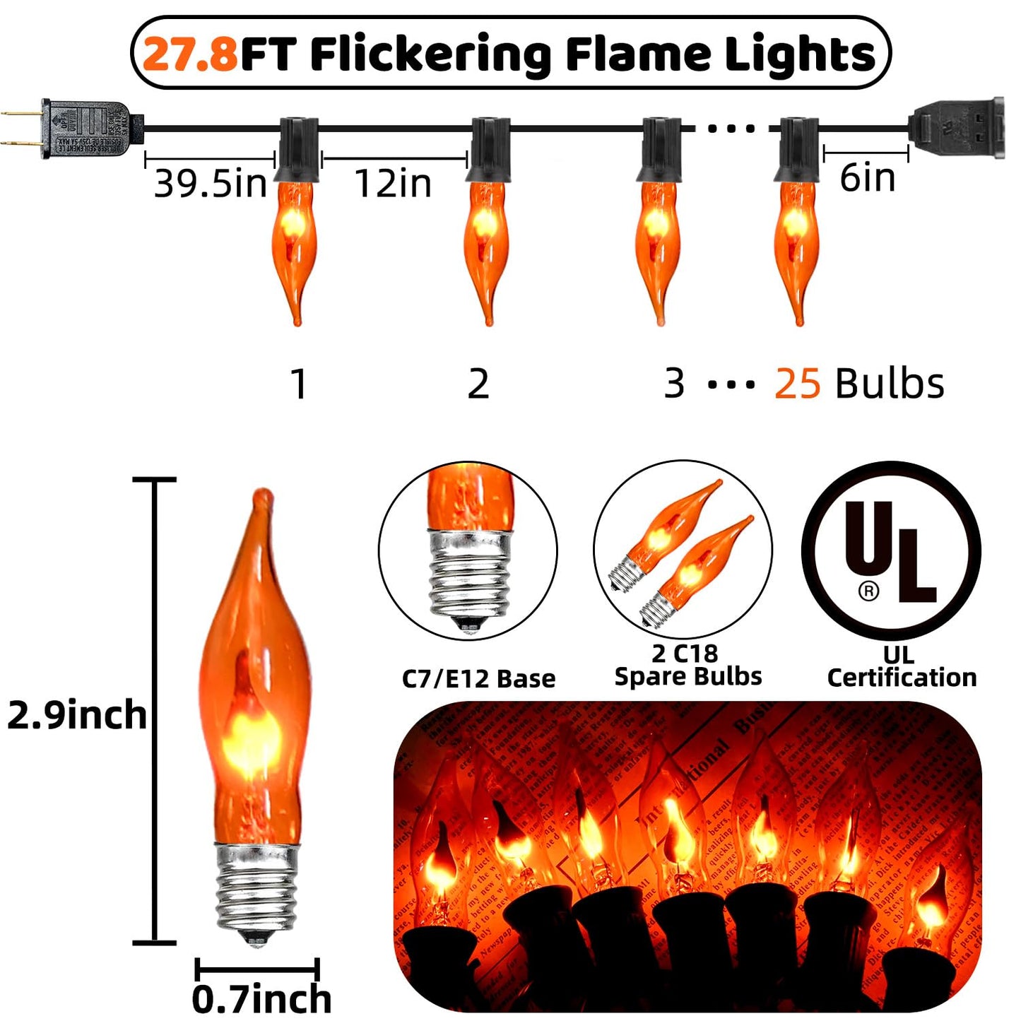 27.8Ft Halloween Decorations Flickering Flame String Lights with 27 Pack Orange Clear Flame Light Bulbs (4 Spare E12 Bulbs), Orange Christmas Lights Outdoor for Home Party Christmas Halloween Decor