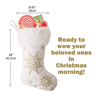 Dehinyen White Christmas Stockings 2 Pack, Family Stockings Christmas 18” Large Christmas Stockings with Plush Faux Fur Cuff (Silver/Gold Snowflake Embroidery) Giant Xmas Stockings Hanging Stockings