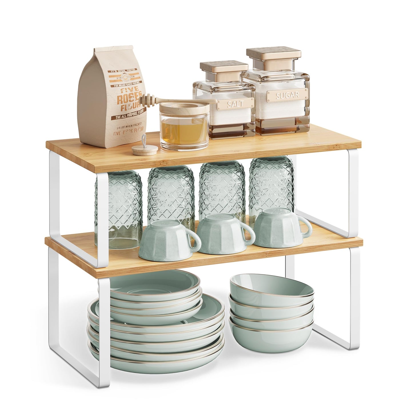 SONGMICS Cabinet Organizer Shelf, Set of 4 Kitchen Counter Shelves, Kitchen Storage, Spice Rack, Stackable, Expandable, Metal and Engineered Wood, Cloud White and Natural Beige UKCS010N01