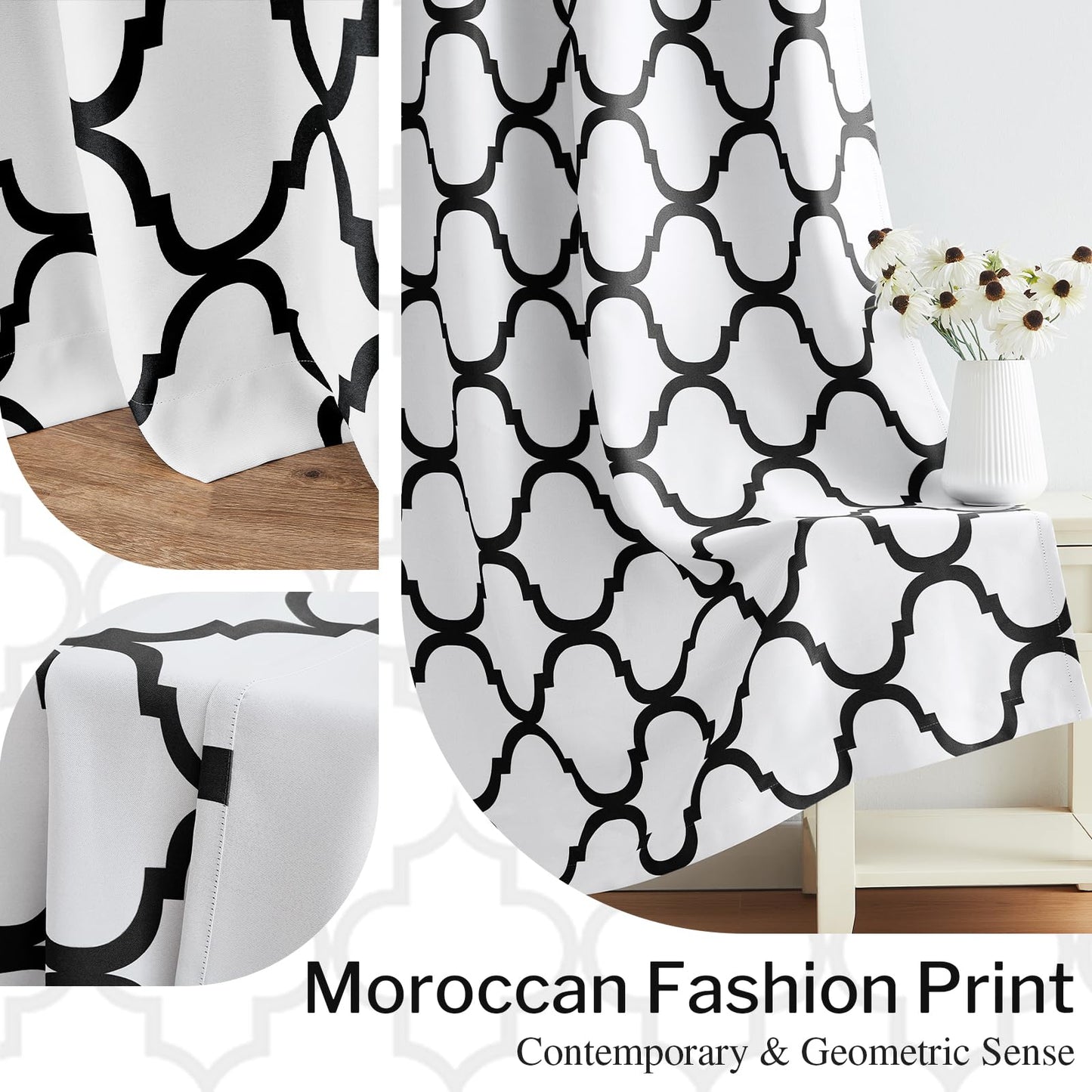 Melodieux Moroccan Printed Room Darkening Blackout Grommet Curtains for Bedroom Small Windows, 42 by 45 Inch, Off White/Black (2 Panels)