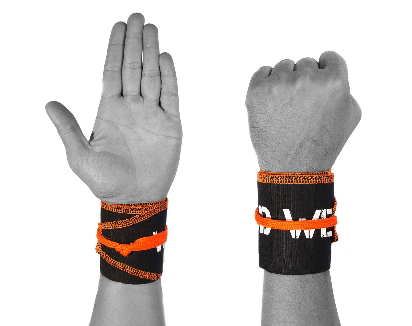 WOD Wear Wrist Wraps for Powerlifting, Strength Training, Bodybuilding, Cross Training, Olympic Weightlifting, Yoga Support - One Size Fits All (Black/Orange Stitch)