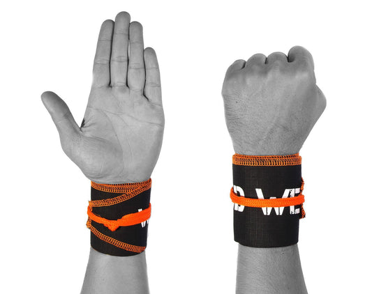 WOD Wear Wrist Wraps for Powerlifting, Strength Training, Bodybuilding, Cross Training, Olympic Weightlifting, Yoga Support - One Size Fits All (Black/Orange Stitch)