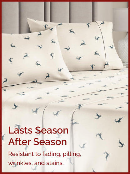 King Christmas Reindeer Sheet Set - Holiday Xmas Pattern Bedding Set - Deep Pockets - Snug Fit - 4 Piece - Wrinkle Free & Easy Care - Comfy Festive Winter - Holiday Sheets for Women, Men, Kids & Teens