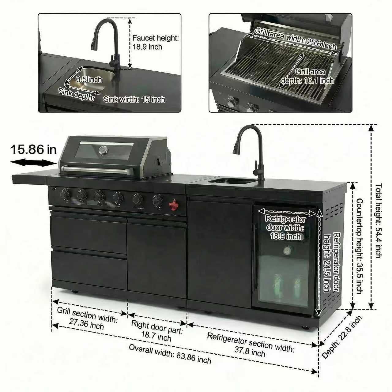 GDFStudio 84" Stainless Steel Outdoor Kitchen Bar and BBQ Island Grill with 6-Burner Gas Grill, 75300 BTU, SS304 Integrated Sink, Wine Cooler, Refrigerator, Granite Countertop, Rotisserie, Black