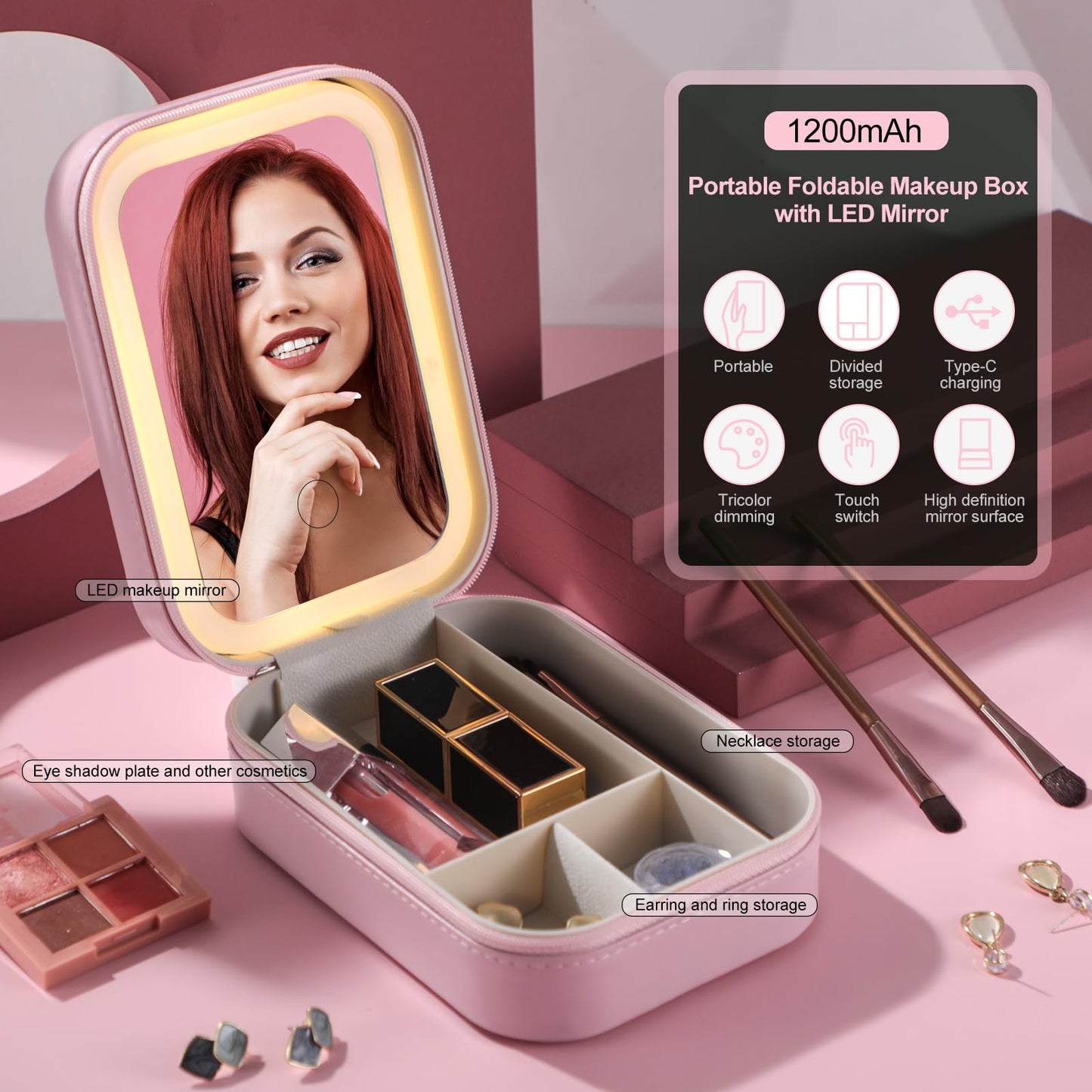 BS-MALL Travel Cosmetic Mirror Case LED Makeup Mirror Storage Case for Eyelash station Brushes Cosmetic Tools Pink On-the-go Makeup Needs (White)