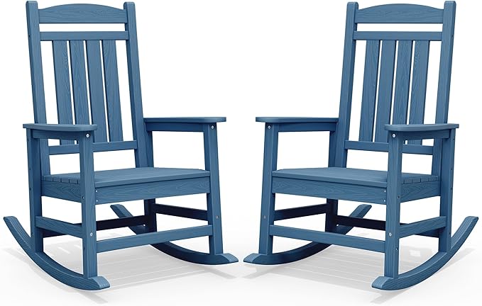 SERWALL Rocking Chairs Set of 2, HDPE Outdoor Rocking Chair, All-Weather Porch Rockers for Patio, Blue