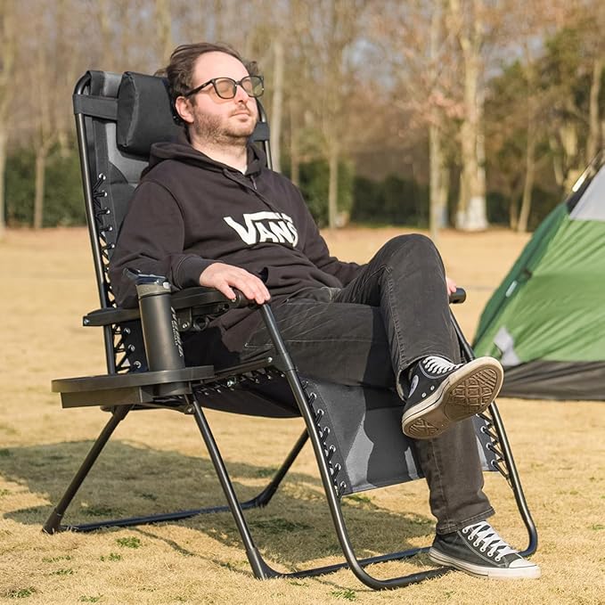 Zero Gravity Chair Set of 2 Oversized Padded Recliner with Adjustable Headrest & Cup Holder - 600D Oxford Folding Lounge Chair for Outdoor Camping, Patio, Poolside (Black & Gray)