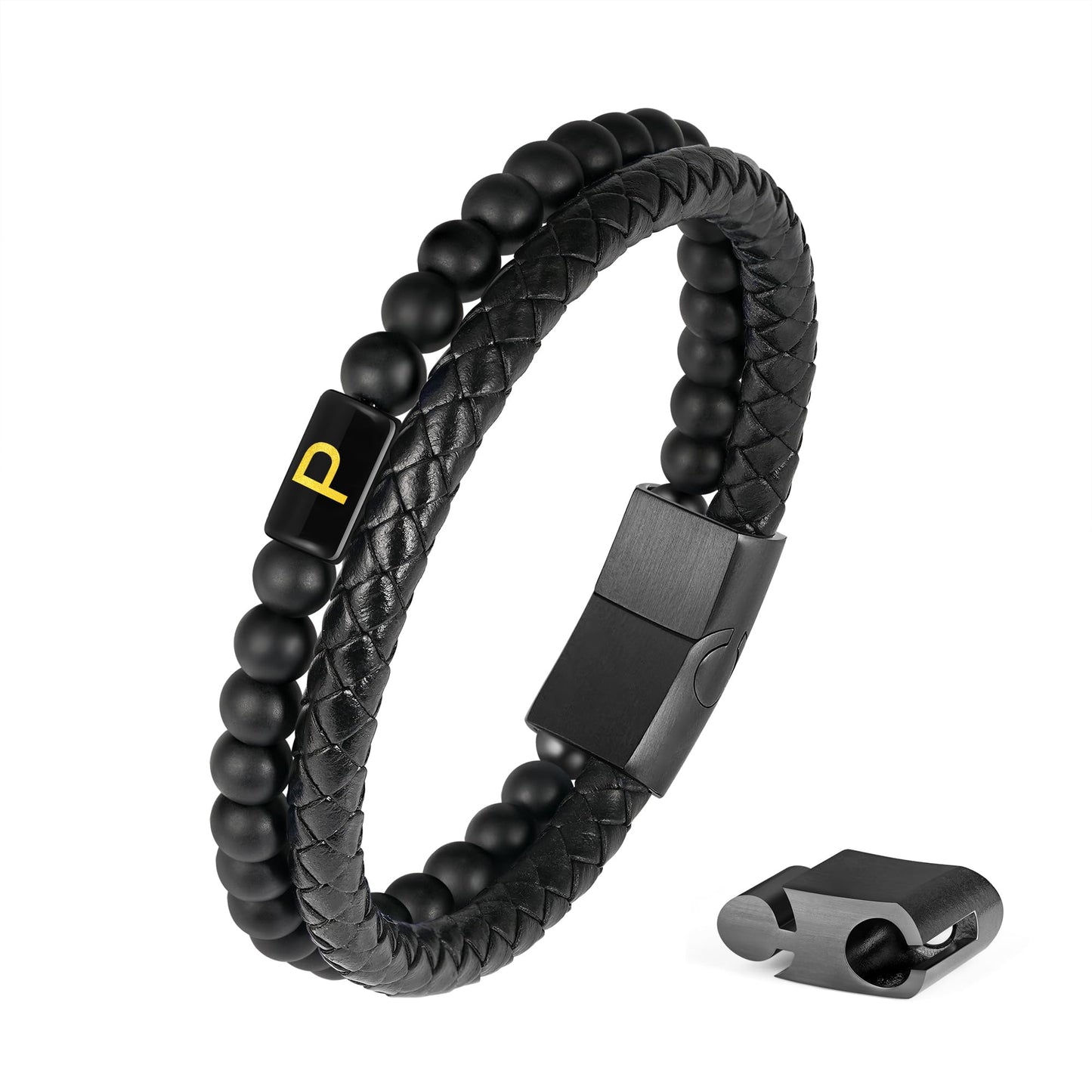 Mens Leather Bracelet with Initial - Men Gift Matte Agate Bead Magnetic Clasp Black Leather Bracelets Mens Gifts Men Bracelets with Initial P Bracelet for Men's Jewelry Men's Gifts for Dad Husband Him
