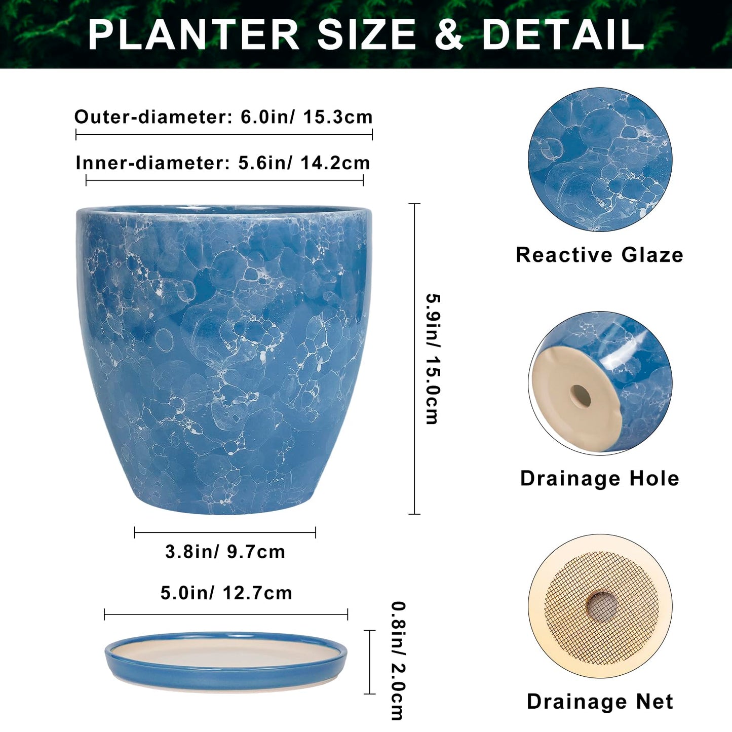 EPFamily 6 Inch Ceramic Plant Pot - Ceramic Planters with Drainage Hole and Saucer, Round Decorative Planter, Modern Planters for Indoor Outdoor Plants, Desk Office Decor, Housewarming Gifts, Blue