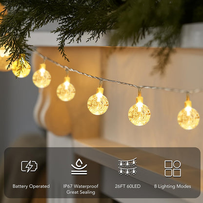 Metaku Globe String Lights Fairy Battery Operated 26ft 60LED with Remote Waterproof Indoor Outdoor Hanging Decorative Christmas for Home Party Patio Garden Wedding