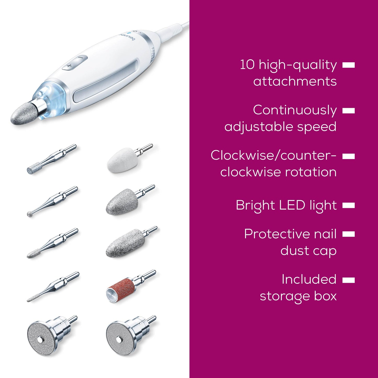 Beurer MP64 Nail Drill Kit, Cordless Electric Nail File with 10 Attachments and LED Light, Electric Manicure Set with Adjustable Speed, E-File for Manicure and Pedicure, with Storage Case