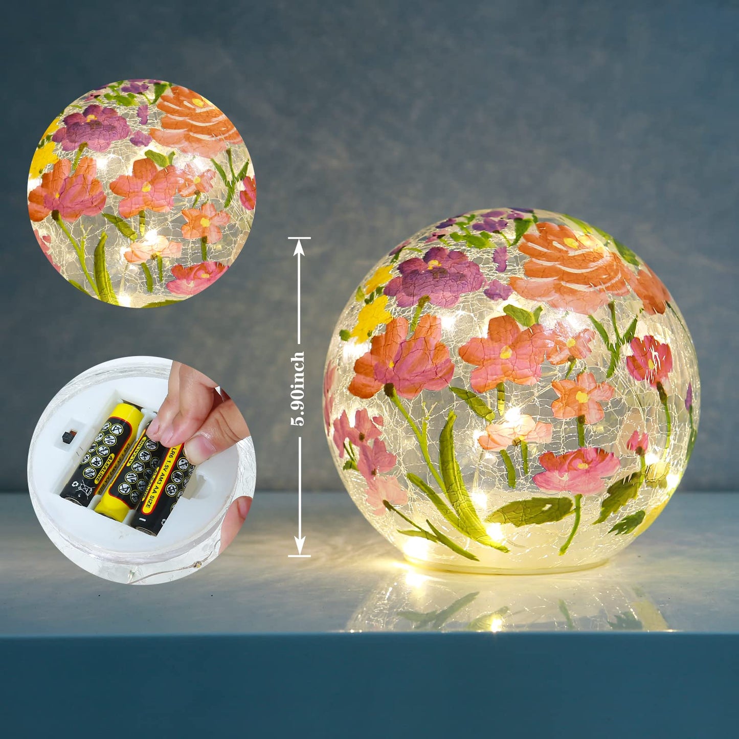 BERSCAH Glass Ball Light Crackle LED Night Light Flower Grass Pattern Globe Glass Table Lamp, Orb Cardinal Night Light for Outdoor Decorations Pathway Patio Yard Lawn Bedroom - 1 Pack
