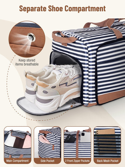 Lekesky Large Foldable Travel Duffe Bag - 150L Waterproof Holdall Luggage Bag with Shoes Compartment, Weekend Overnight Sports Bag for Women and Men(Striped, 84 * 42 * 43cm)