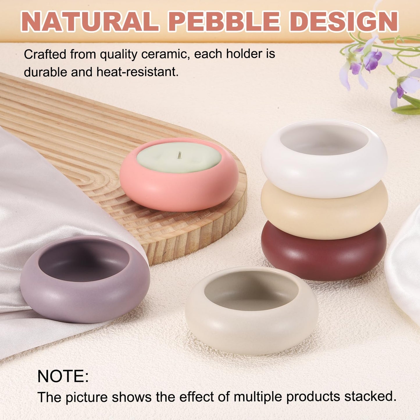 MECCANIXITY Pebble Tealight Candle Holders 4 Pcs Ceramic Candle Holders for Garden Desk Table Home Decor, Gray