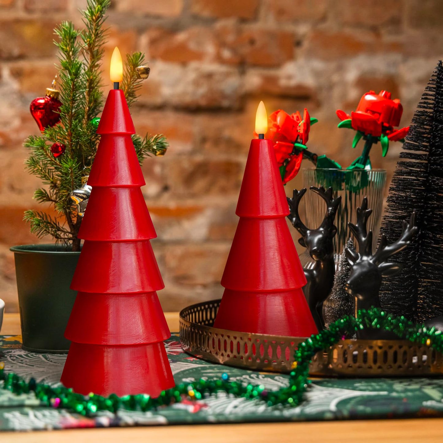 Yongmao Christmas Tree Shaped Flickering Flameless Candles Set of 2, Gold Holiday Decor, Real Wax Battery Operated LED Candles with Timer for Christmas Home Party Decoration