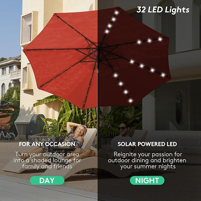 JEAREY 9FT Outdoor Patio Umbrella with Solar Lights, LED Lighted Pool Umbrella with Tilt and Crank, Outdoor Table Umbrellas for Deck, Yard & Market (Red)