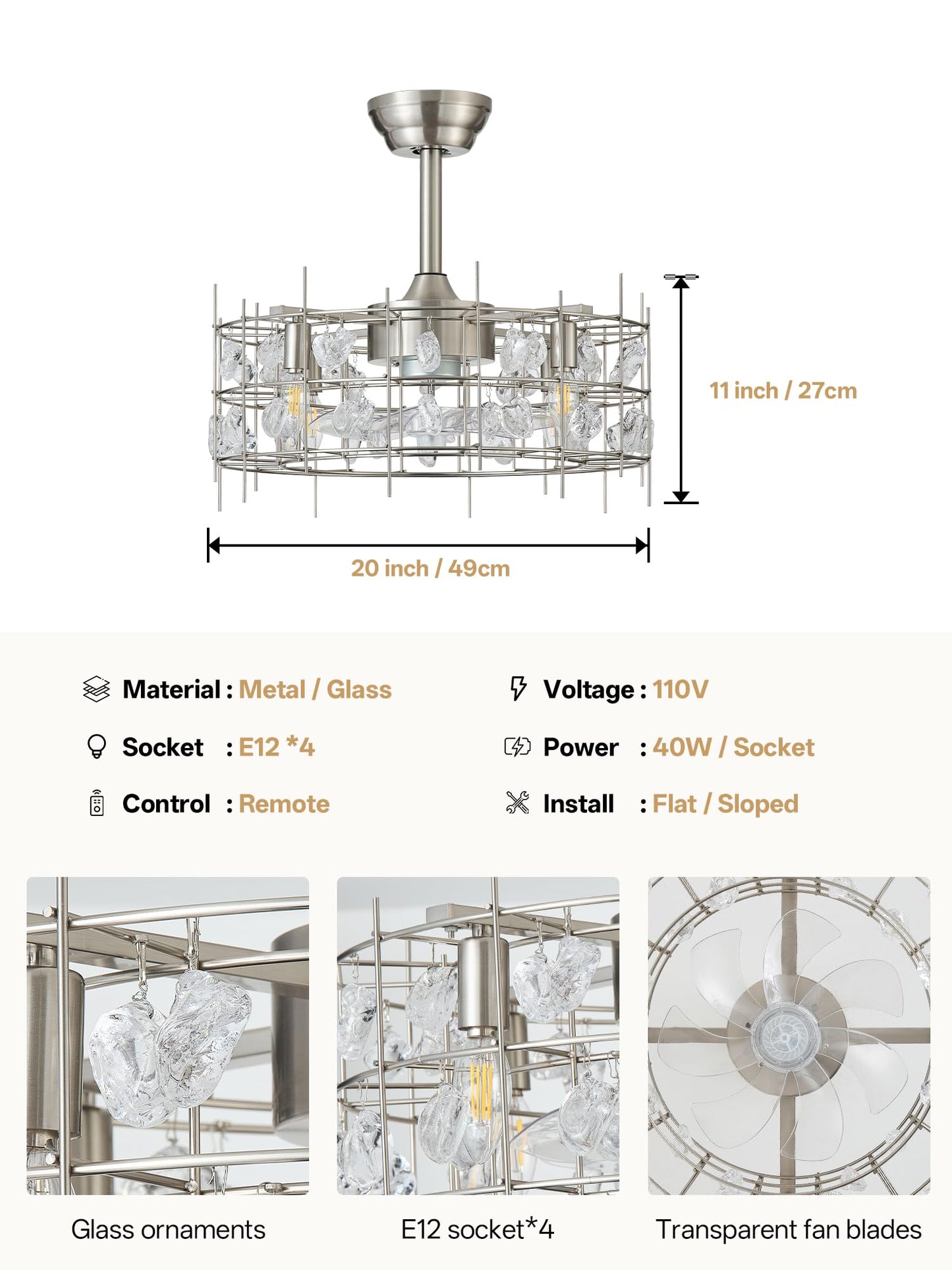 Bexilyny 20” Silver Crystal Chandelier Ceiling Fans, Silver Crystal Fandelier Ceiling Fan with Lights Caged, Remote Control 6 Speed for Living Room, Bedroom, Dining Room