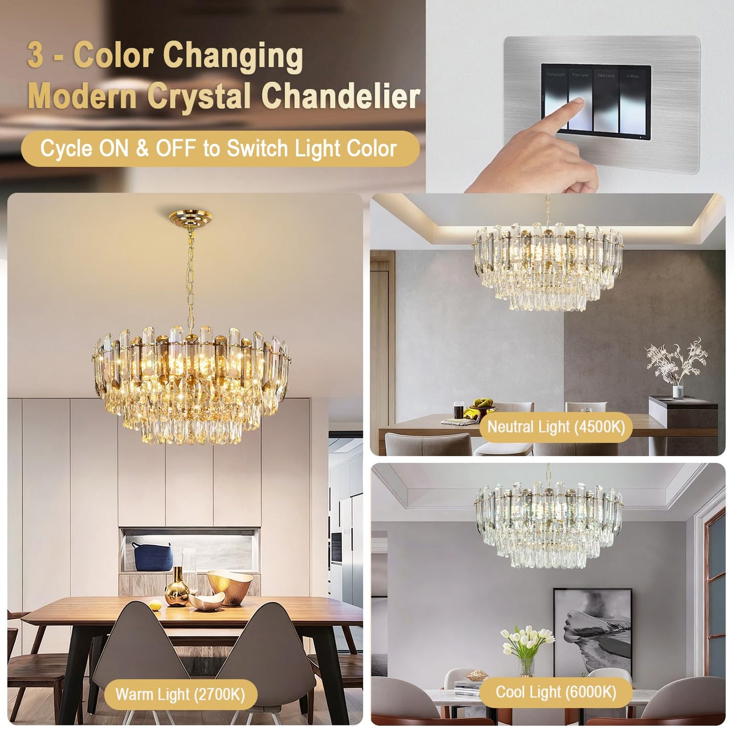 Vodcrindax Gold Crystal Chandelier 24" 12-Light 4-Tier K9 Crystal Round Adjustable Pendant Light Modern Crystal Chandeliers for Dining Room Living Room Kitchen Island Bedroom Foyer Entryway
