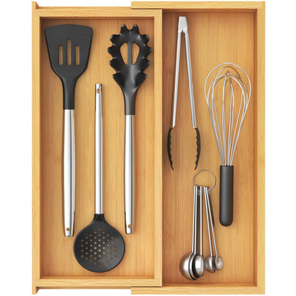 Lifewit Utensil Organizer for Kitchen Drawer, Expandable 13 to 22.4 Inches Wide, Adjustable Cooking Silverware Tray, Bamboo Cutlery Flatware Holder, Spatula Tools and Gadgets Storage Divider, Natural