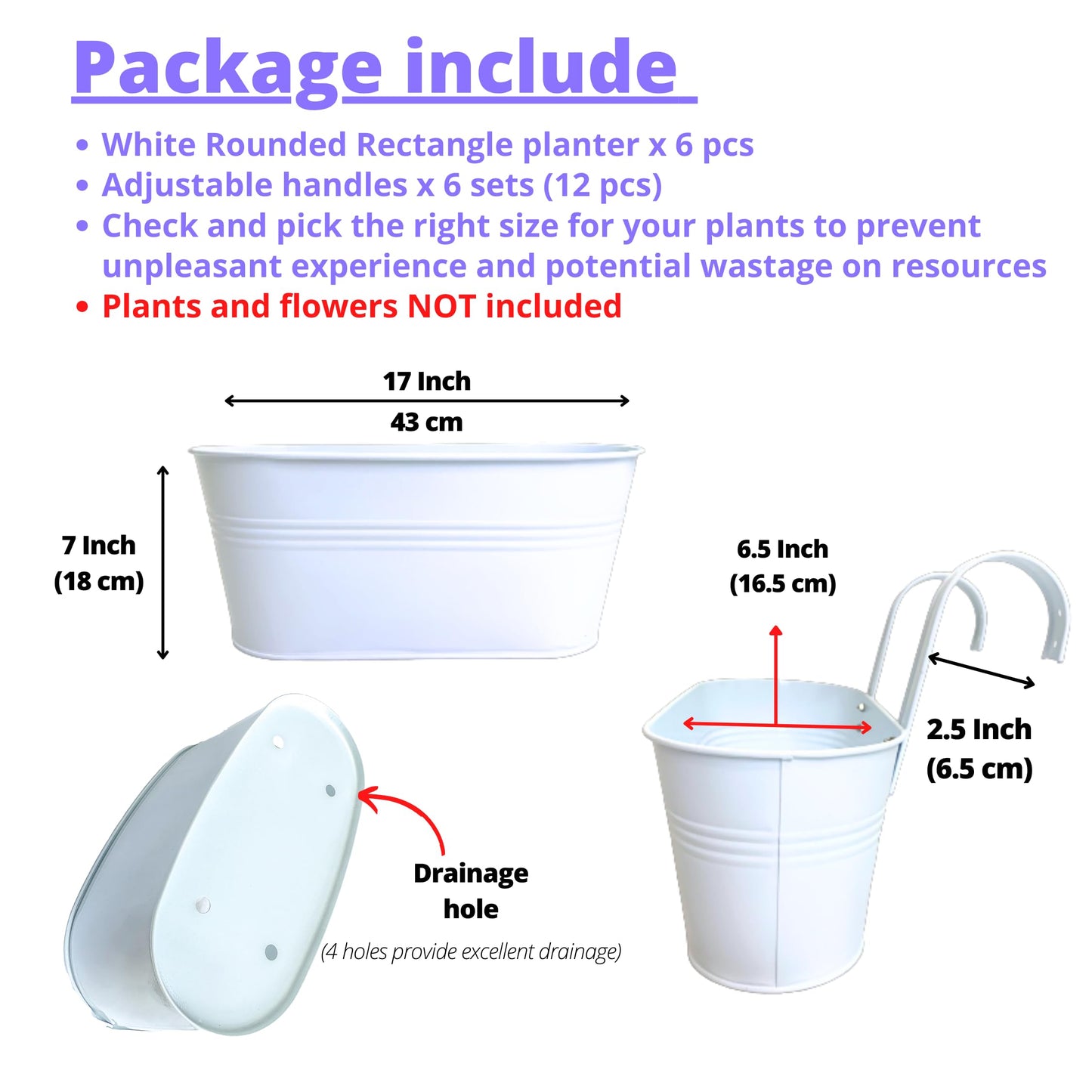 LaLaGreen Planter Boxes for Outdoor (6 Pack, 17 Inch) White Metal Deck Railing Hanging Flower Pots, Large Window Box Plant Holder Hooks Fence Rail Buckets Modern Herb Boho Style Wall Mount Porch Decor