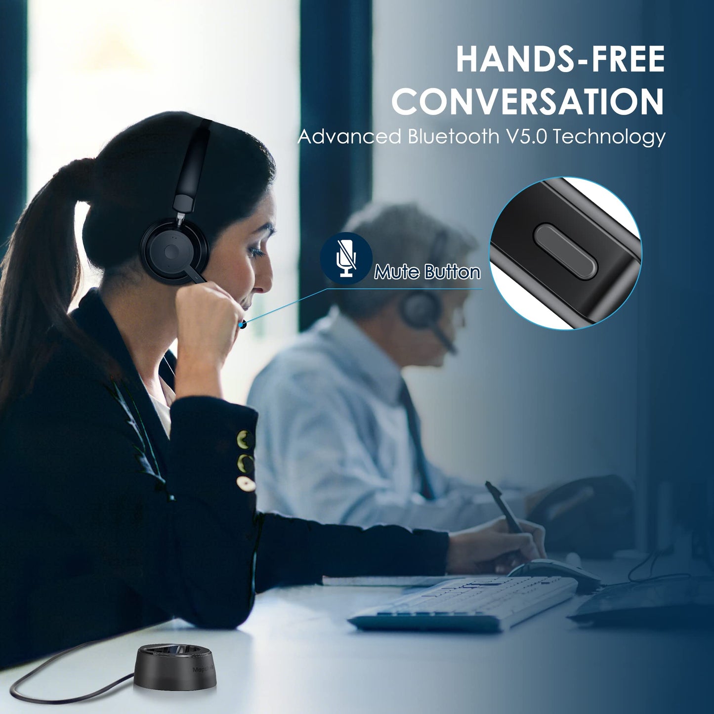 Mopchnic Bluetooth Headset, Wireless Headphone with AI Noise-Canceling Microphone for Computer, On Ear Bluetooth Headset with USB Dongle for Office Call Center Skype Zoom Meeting Online Class (Black)