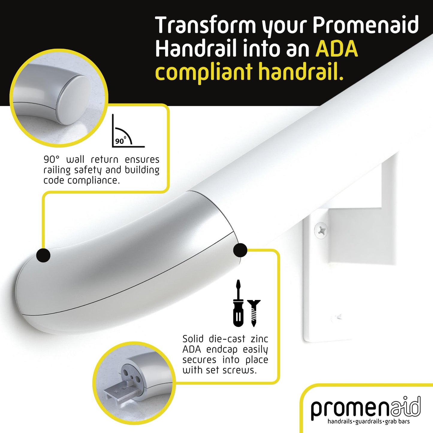 Promenaid - 1.5ft Flush Handrail Kit Sliver Finish Complete Indoor/Outdoor Handrail for Stairs with ADA Wall Return Kit Flush Endcap Replacement