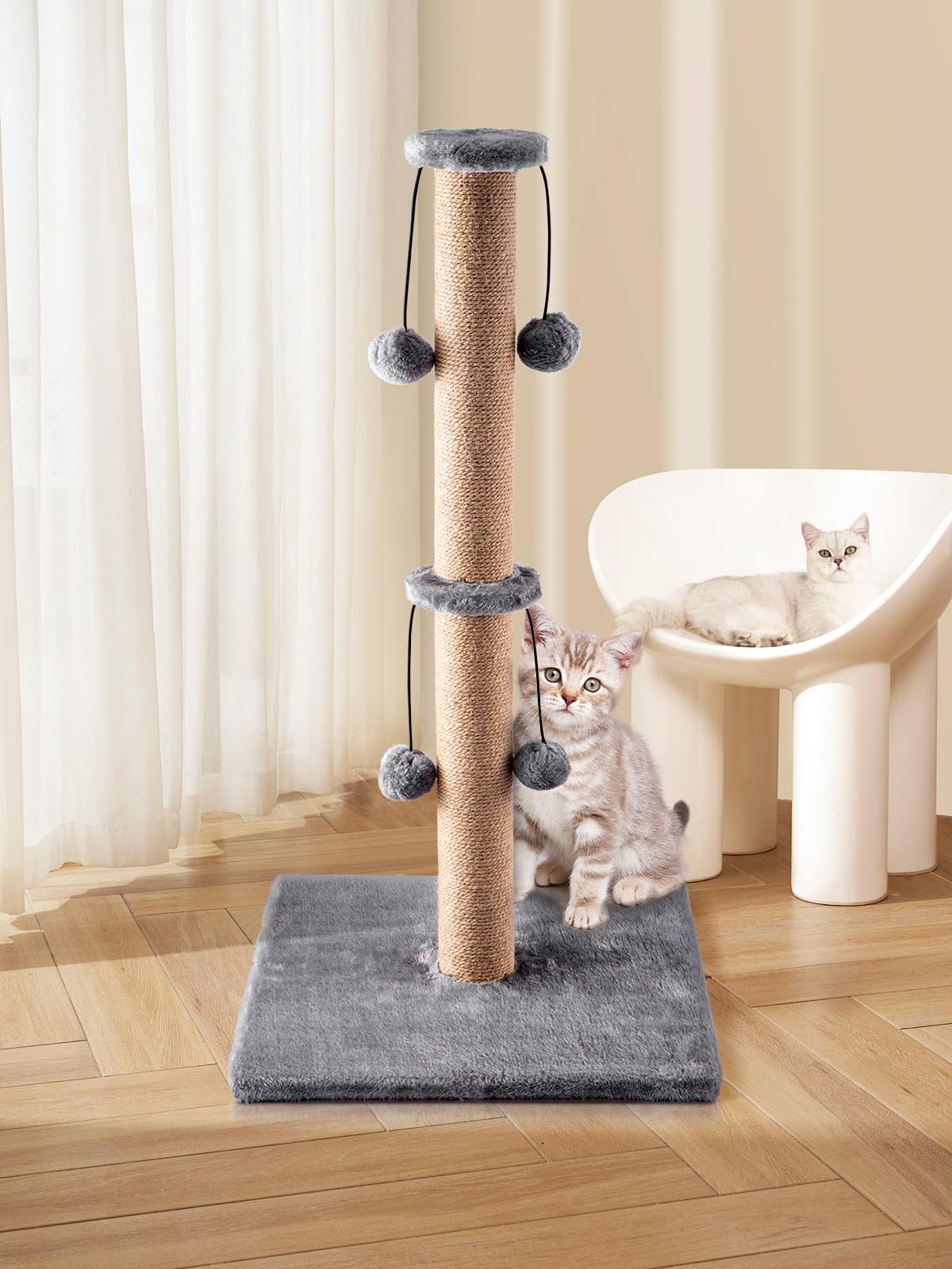 Trintion Cat Scratching Post 74cm Foldable Bottom Tall Cat Claw Scratcher with 4 Toy Ball Natural Sisal Scratch Pole and Soft Carpet Covered Heavy Base Modern Stable Design (Gray 74cm 4Ball)
