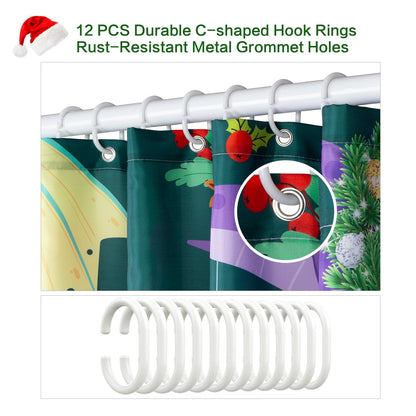 Shower Curtain Christmas, Kids Shower Curtain Santa's Hat Dinosaur Party Gift Box Cake Candy Jingling Bell String Light Xmas Theme Machine Washable Home Farmhouse Waterproof Decor Bathroom Curtain