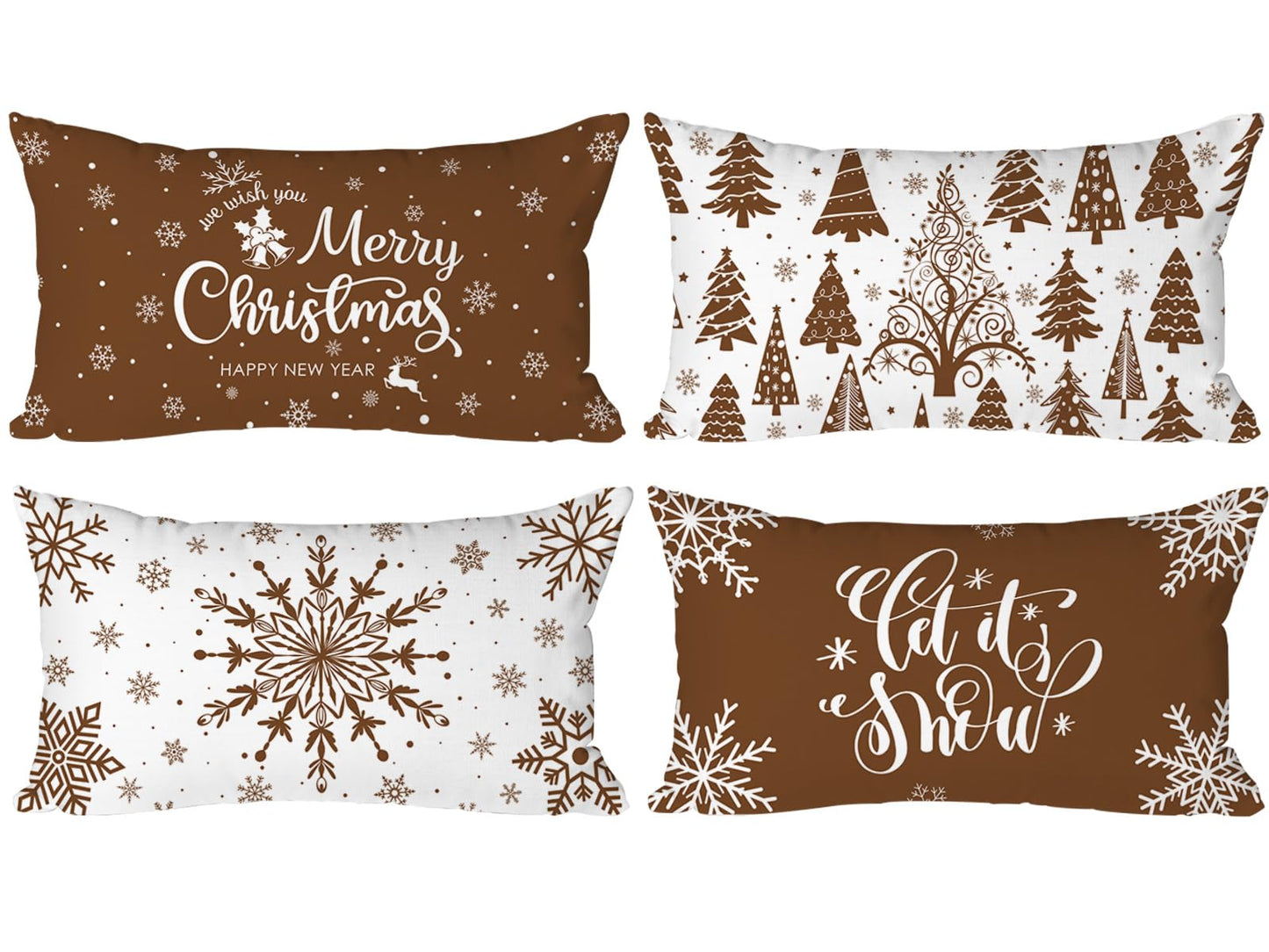 Lanpn Christmas Throw Pillow Covers 12x24 Set of 4, Merry Christmas Winter Xmas Snowflake Decorative Holiday Cushion Pillow Cases 12 x 24 for Outdoor Indoor Farmhouse Home Room Couch Decor (Brown)