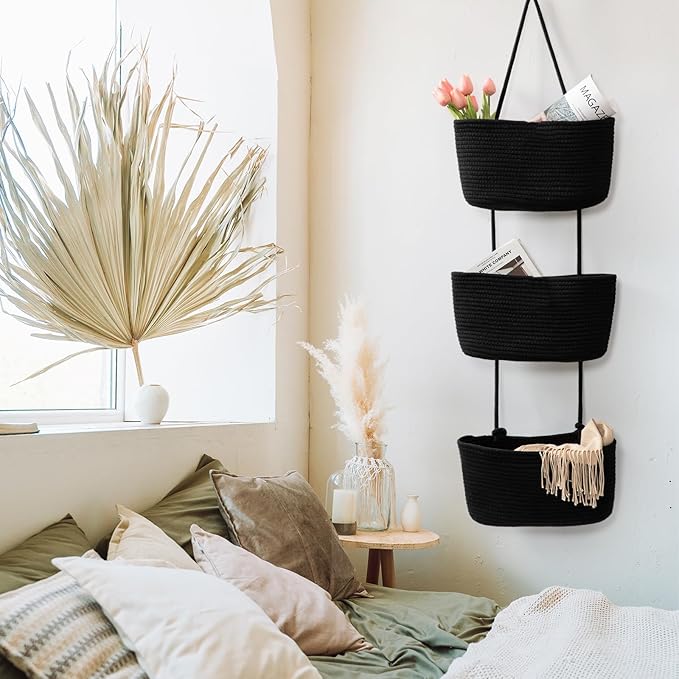 TeoKJ Over the Door Organizer, 3-Tier Woven Cotton Hanging Kitchen Baskets